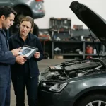 Mechanik spokojnie rozmawia z klientem zgłaszającym reklamację naprawy