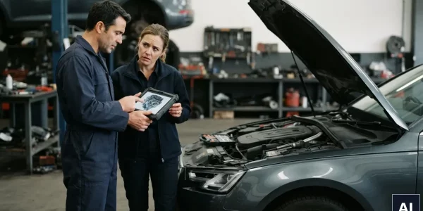 Mechanik spokojnie rozmawia z klientem zgłaszającym reklamację naprawy