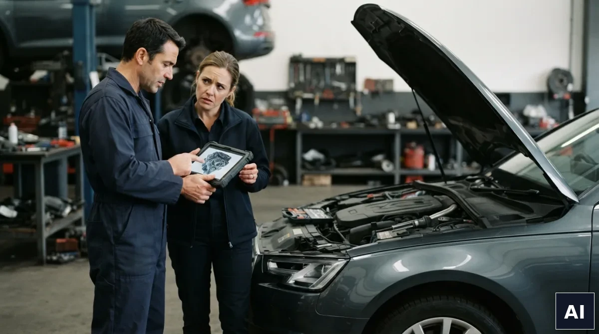 Mechanik spokojnie rozmawia z klientem zgłaszającym reklamację naprawy